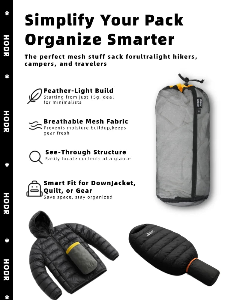 A gray mesh storage sack is shown next to a quilted jacket and a black padded item.