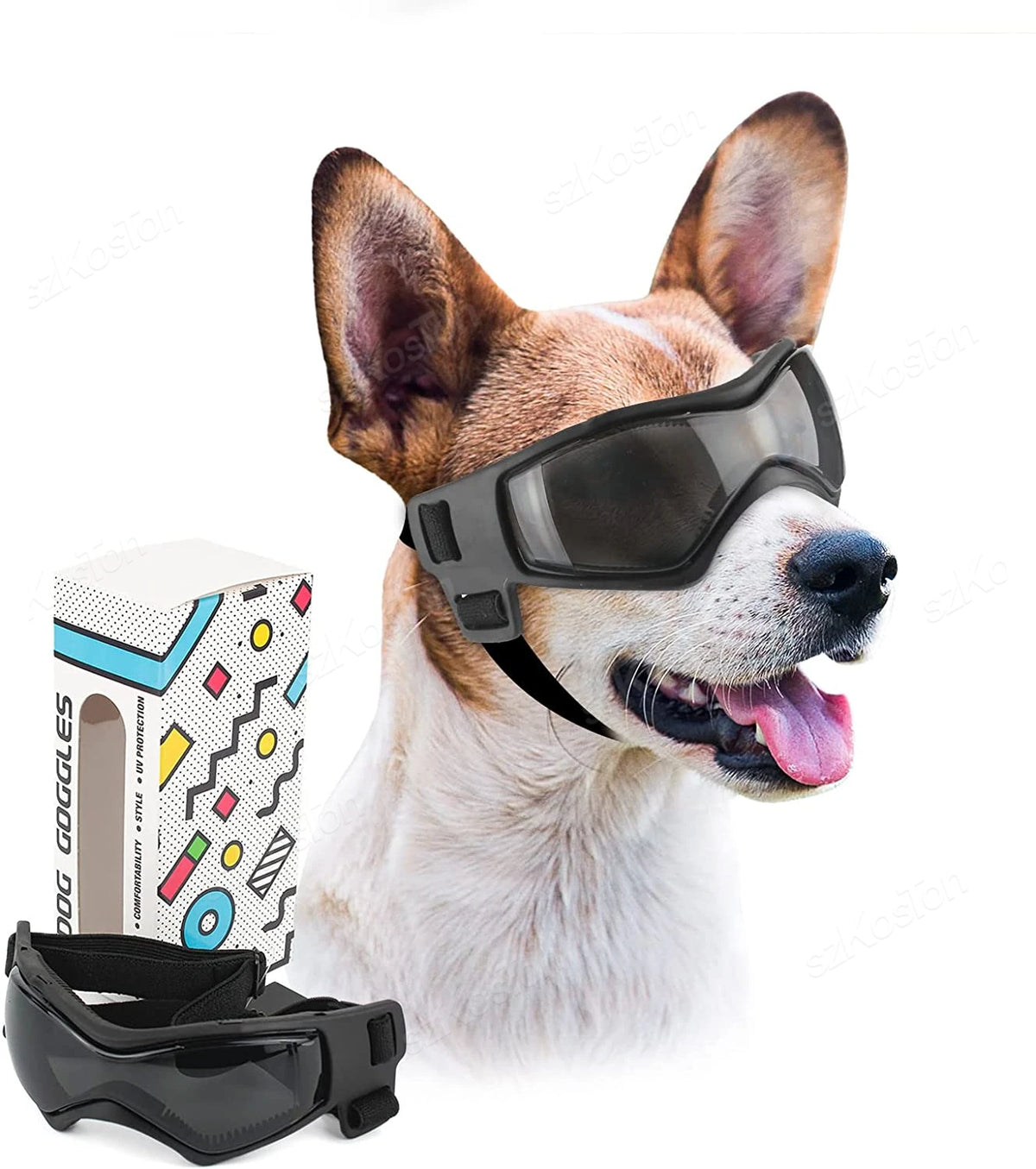 A light-colored dog wearing black adjustable UV protection sunglasses.