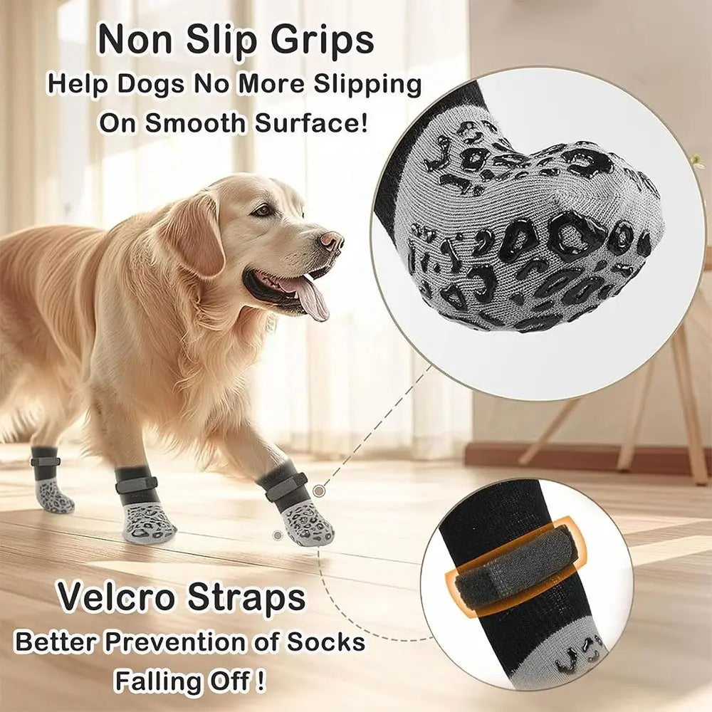 Dog anti-slip grips and velcro straps designed to prevent slipping on smooth surfaces