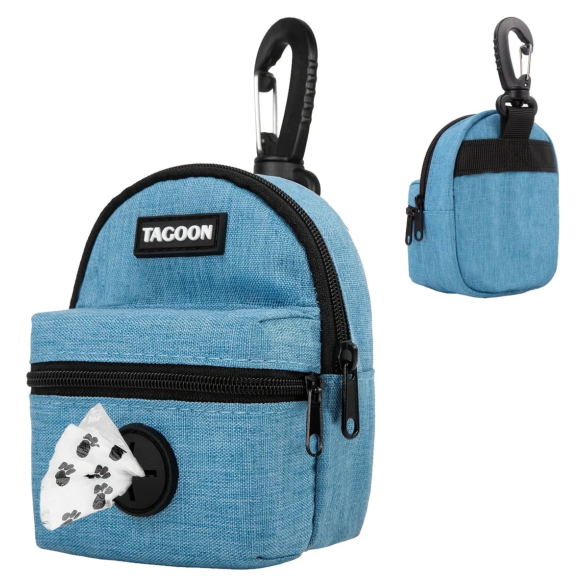 Blauer Stoff-Taschenspender für Hundekot, mit schwarzem Reißverschluss und Tragegurt.