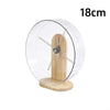 Clear plastic hamster silent running wheel mounted on a wooden stand, measuring 18cm.