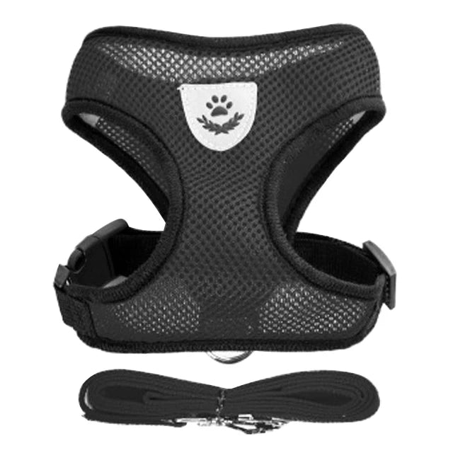 Black adjustable pet harness and leash set for dogs and cats