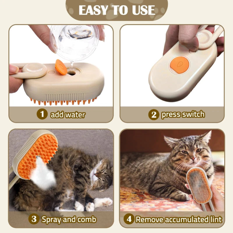 A four-step guide showing how to use a pet grooming brush with steam spray for cats and dogs.