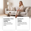 A woman sits on a sofa with a cat nearby, demonstrating a pet deterrent product for furniture protection and guard.