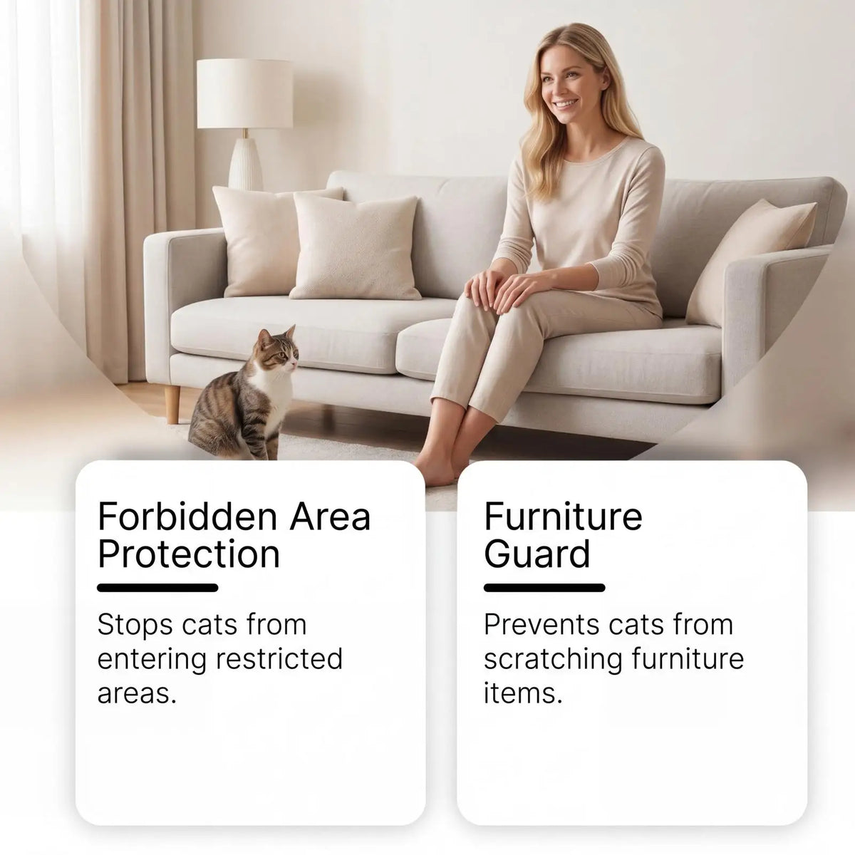 A woman sits on a sofa with a cat nearby, demonstrating a pet deterrent product for furniture protection and guard.