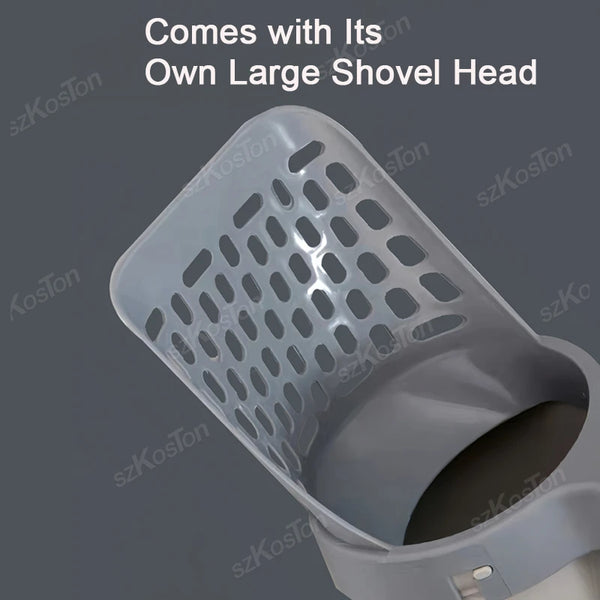 A close-up view of a light gray plastic cat litter shovel head with a mesh design.
