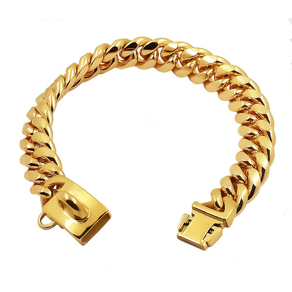 Gold stainless steel dog choker collar with a Cuban link chain