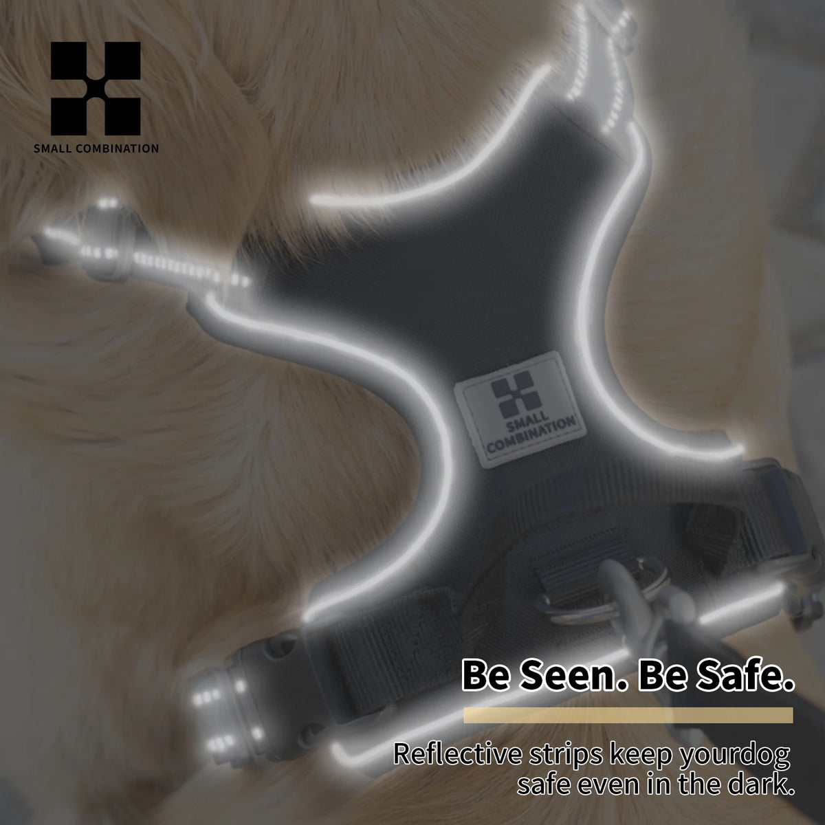A close-up of a reflective dog harness with glowing strips on a light brown dog's fur.