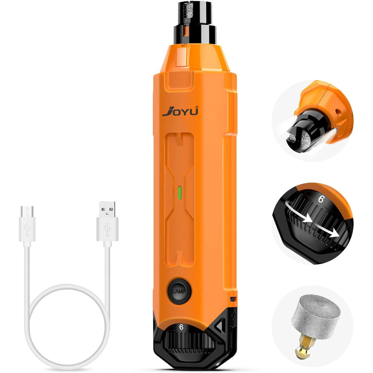 An orange rechargeable dog nail grinder with a cord and a separate grinding head shown in various views.