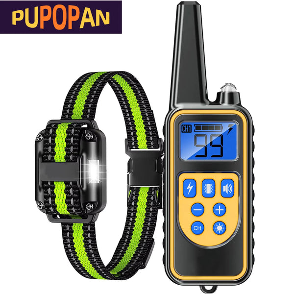 A black waterproof dog training collar with a yellow display and a green patterned strap.