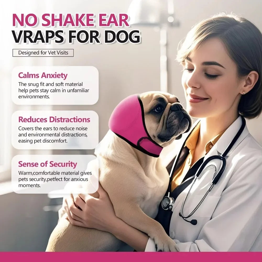 A woman in a white coat holds a pug dog wearing a pink noise reduction ear wrap for dog.