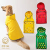 A collection of yellow and red dog raincoats, including a yellow coat, a yellow hooded coat, and a red hooded coat.
