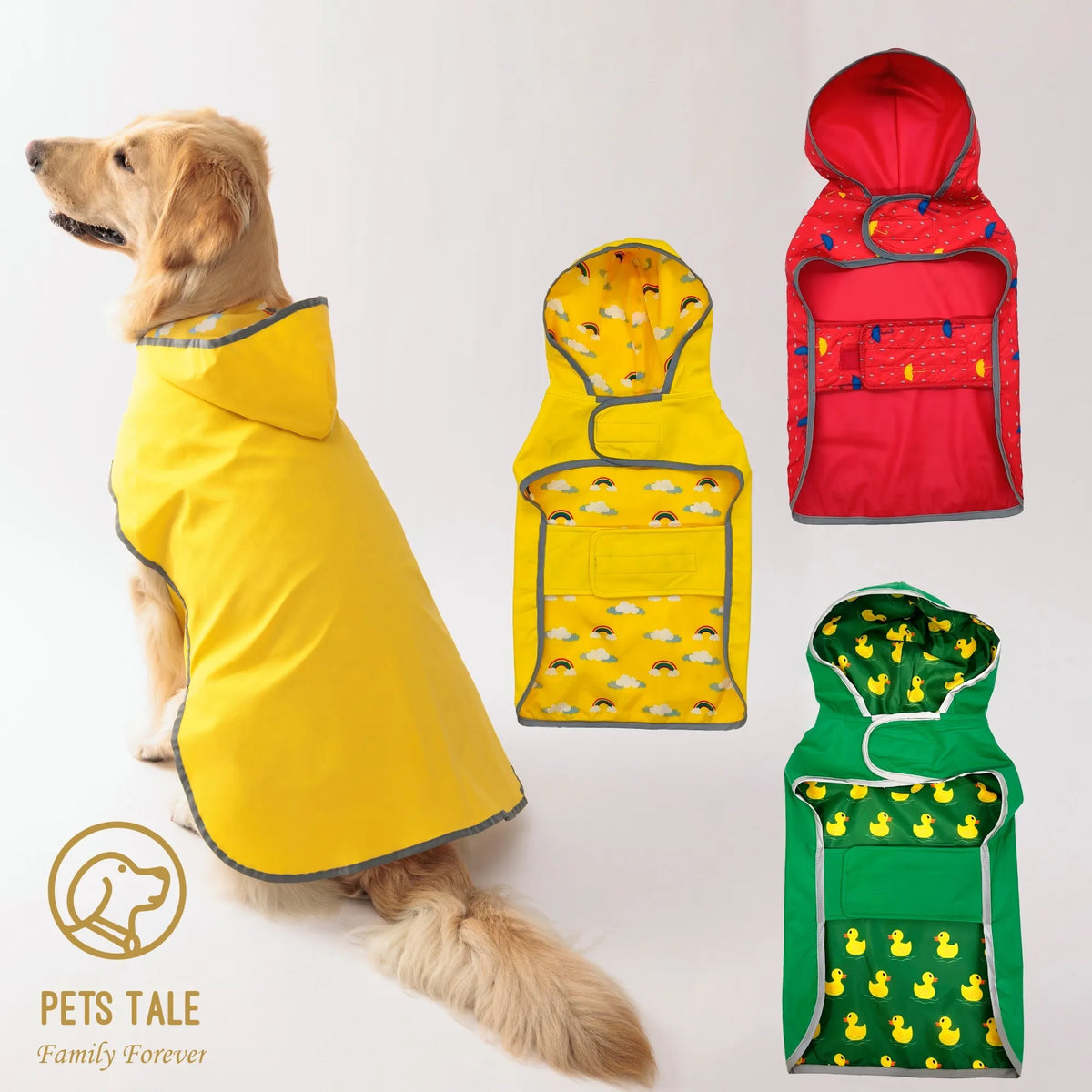 A collection of yellow and red dog raincoats, including a yellow coat, a yellow hooded coat, and a red hooded coat.