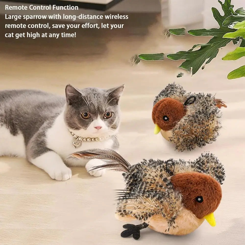 A fluffy bird toy is shown next to a domestic cat, demonstrating the remote control function for an interactive play item.