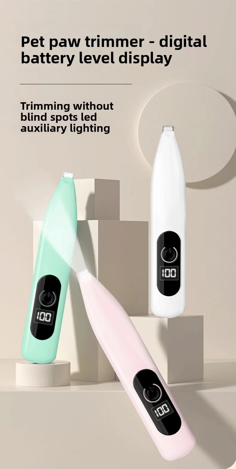 A white pet hair trimmer with a digital battery level display showing 100% battery life.