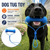 A black dog holds a blue tug toy and rope, demonstrating the teeth cleaning and tug and fetch features.