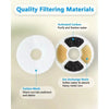 A set of filtering materials including activated carbon, ion exchange resin, and cotton mesh for water purification.
