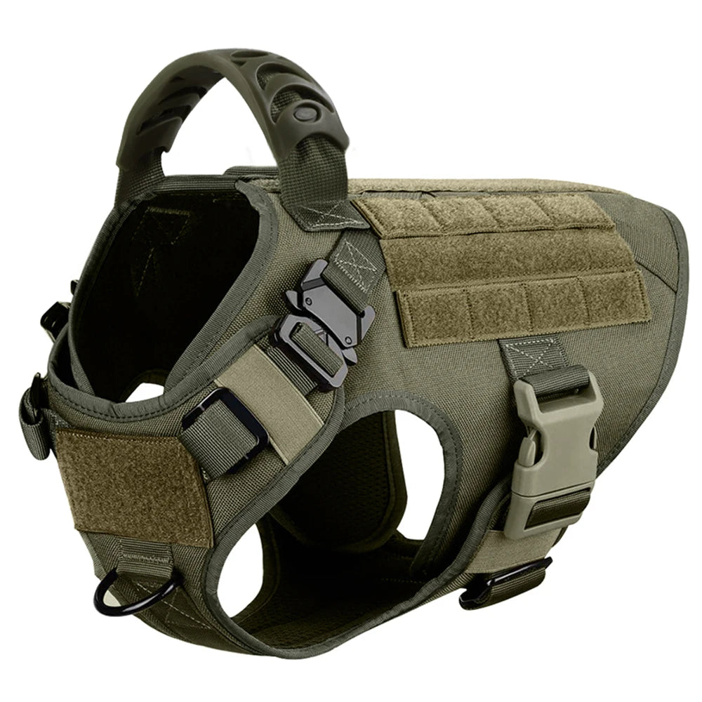 A heavy duty tactical dog harness with a padded vest and molli pouch system in olive green.