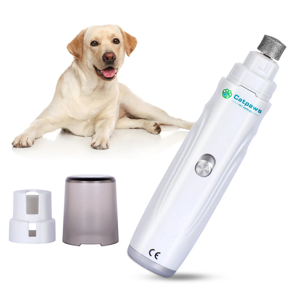 A white USB rechargeable dog nail grinder with a silver cap and a golden retriever dog in the background.