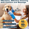 A woman is using blue grooming gloves to give a dog a bath, demonstrating effortless cleaning with massage.