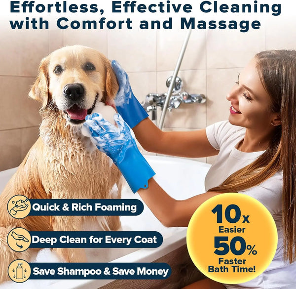 A woman is using blue grooming gloves to give a dog a bath, demonstrating effortless cleaning with massage.