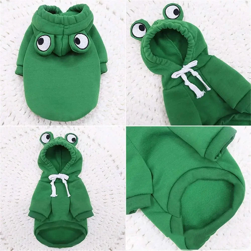 Grüne, froschförmige Hoodie für Haustiere, verschiedene Ansichten.