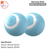 A pair of light blue, spherical rolling cat toys with white accents and a power cord.