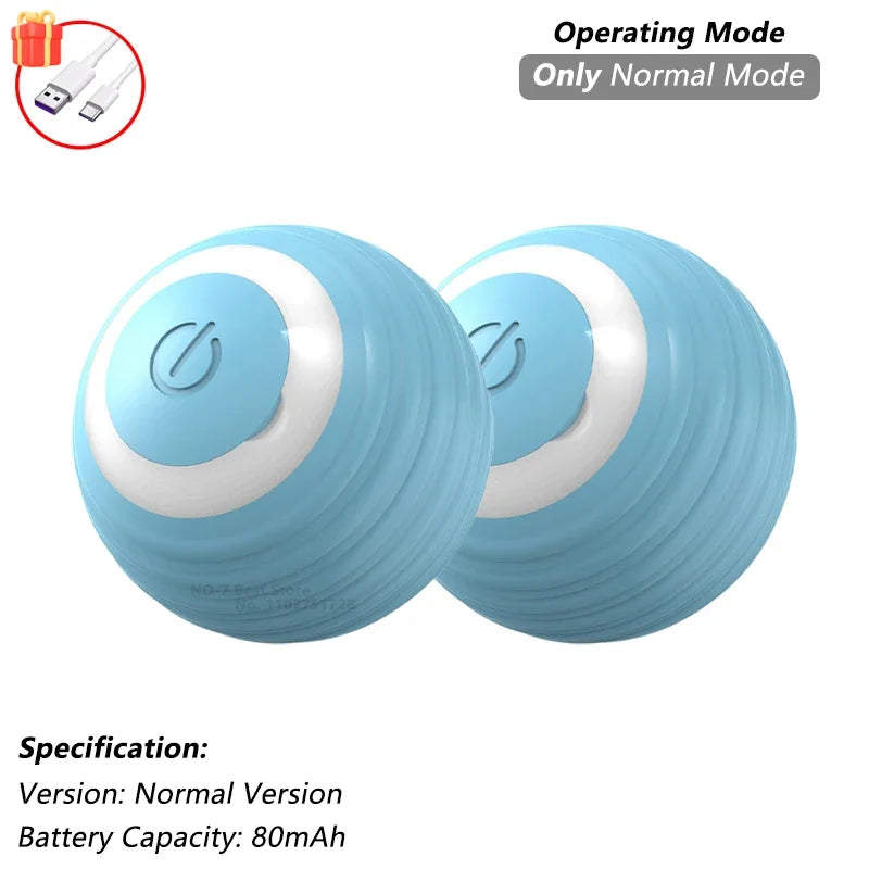 A pair of light blue, spherical rolling cat toys with white accents and a power cord.