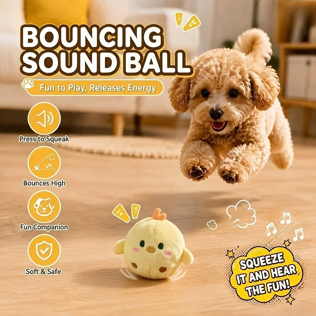 A fluffy light brown dog is playing with a yellow squeaky bouncing ball on a wooden floor.