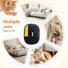 A set of reusable electrostatic pet hair remover gloves shown in various uses including on a sofa, a bed, and a cat.