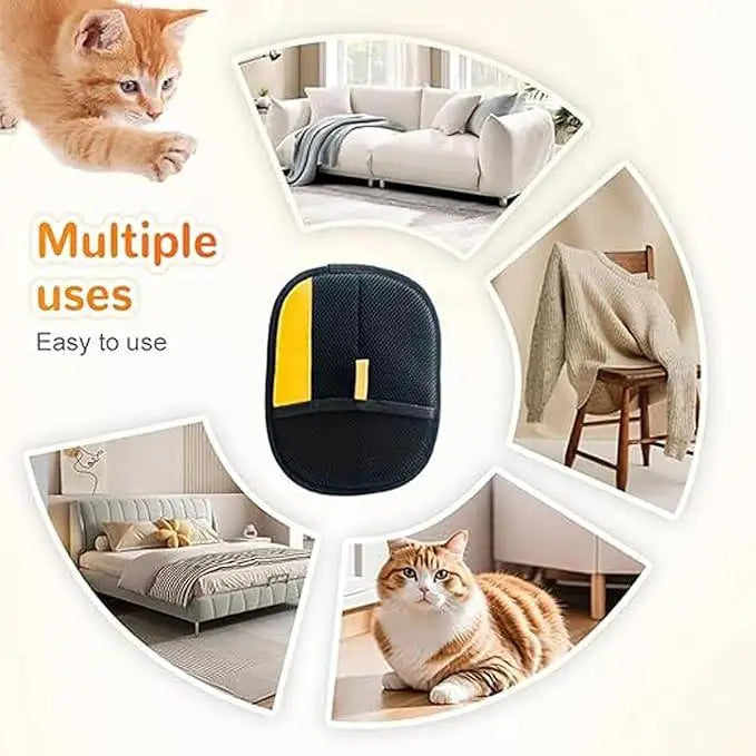 A set of reusable electrostatic pet hair remover gloves shown in various uses including on a sofa, a bed, and a cat.