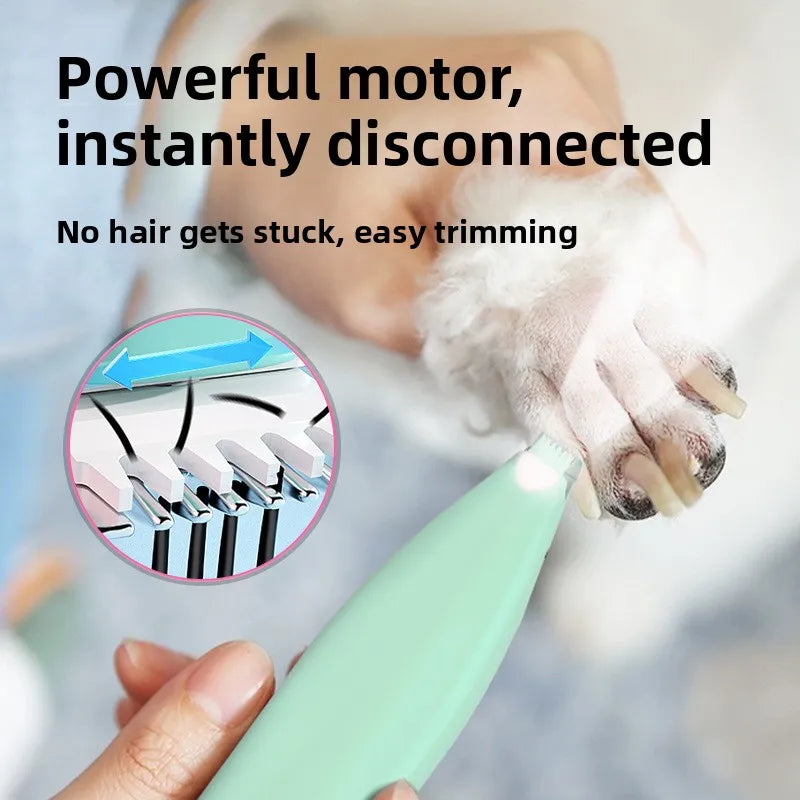 A hand holds a light green electric pet hair trimmer, demonstrating its use for easy trimming.