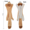 Front and back views of a fluffy brown plush dog toy with white accents