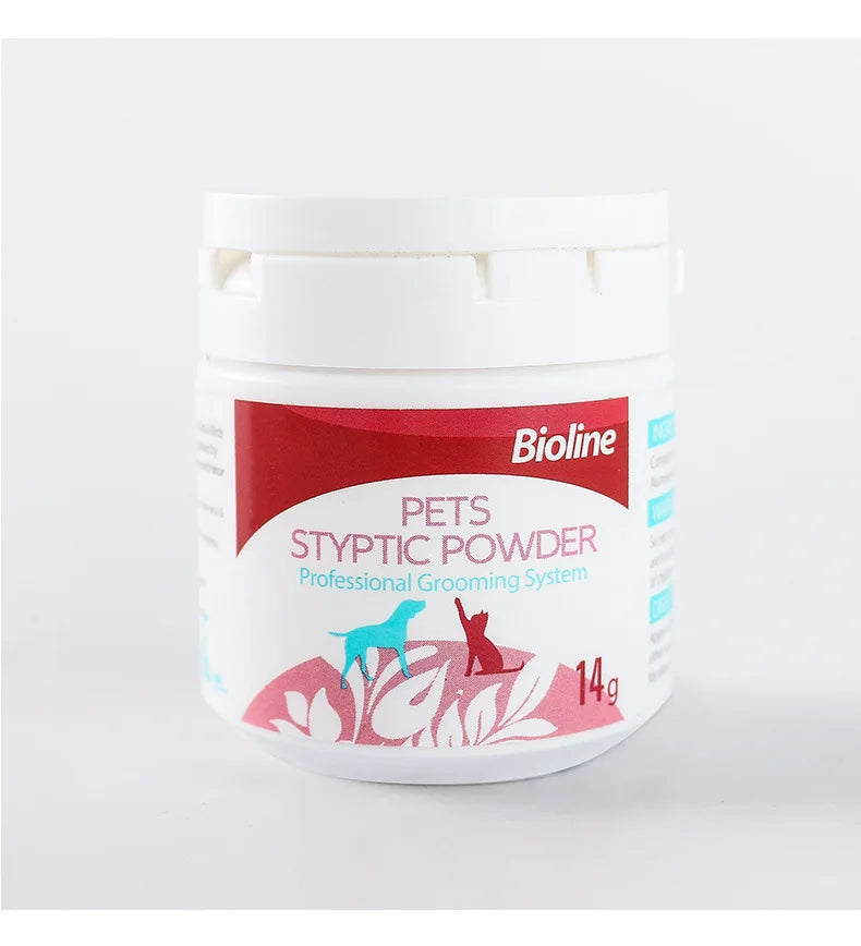 Frasco blanco de polvo styptico Bioline Pets para peluquería profesional con etiqueta roja y 14g de contenido.