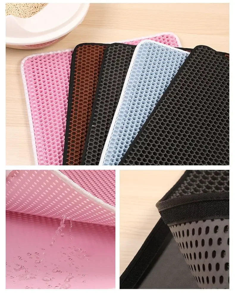 A collection of pink, black, and light blue double-layer cat litter mats showing various textures and angles.