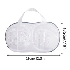 White reusable mesh laundry bag with handles, measuring 32cm by 18.2cm.