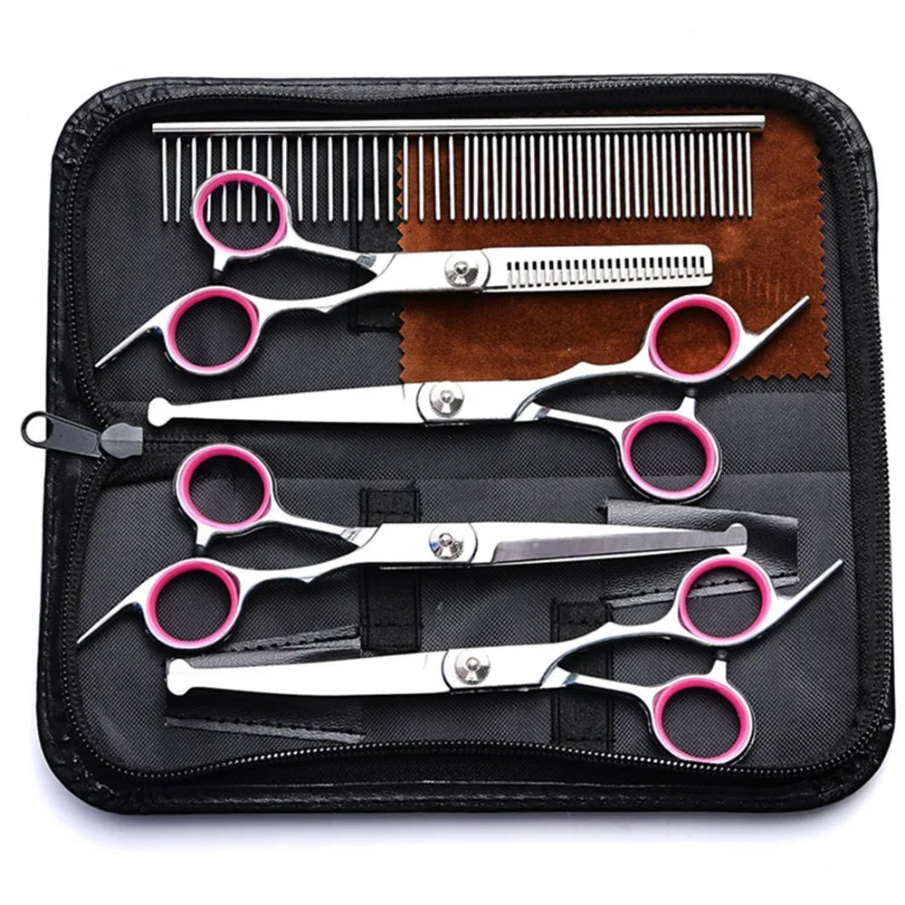 A black case containing a 5-in-1 stainless steel grooming scissors set for dogs and cats.
