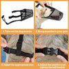 Demonstration of a comfort mesh dog muzzle with adjustable straps being fitted onto a dog's snout.