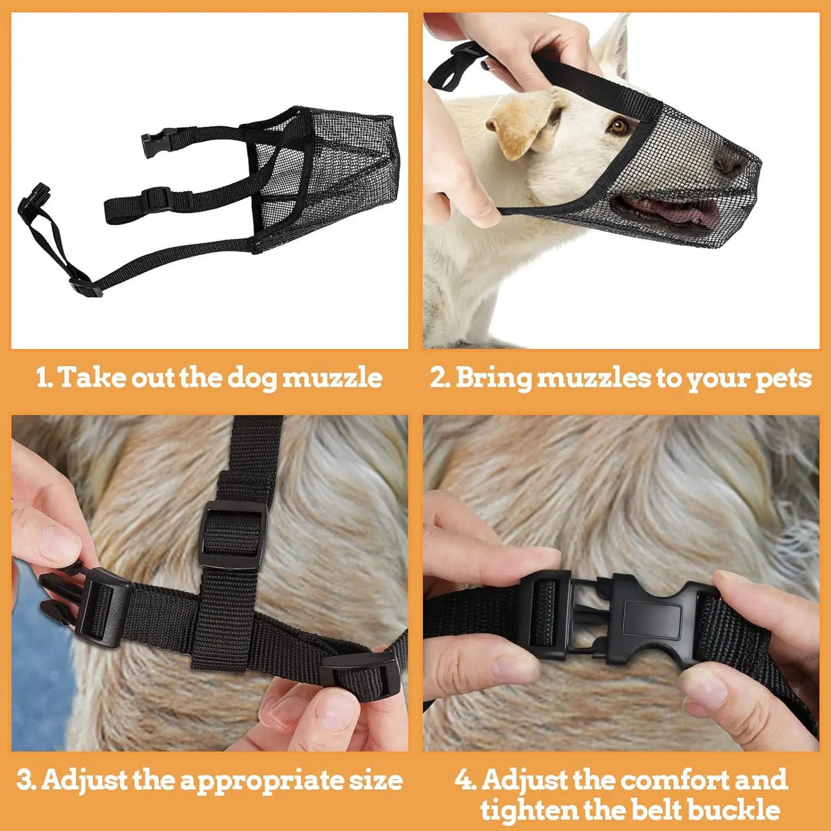 Demonstration of a comfort mesh dog muzzle with adjustable straps being fitted onto a dog's snout.