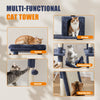 A multi-functional cat tower featuring a top porch, hanging hammock, swing ball, and scratching board for cats.