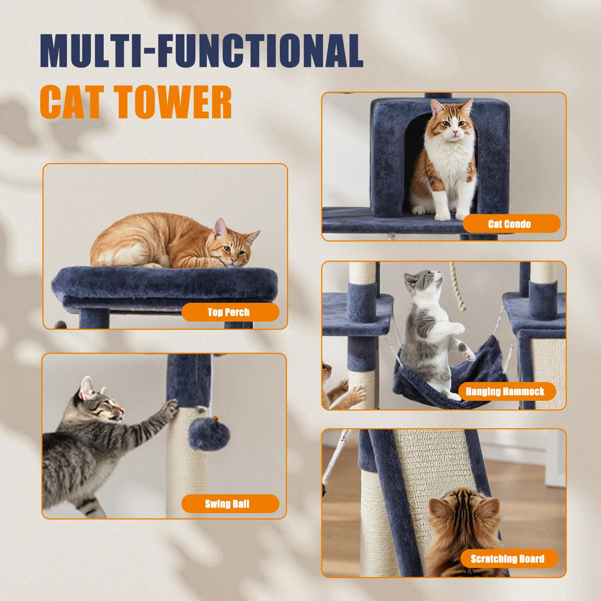 A multi-functional cat tower featuring a top porch, hanging hammock, swing ball, and scratching board for cats.