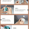 A four-step guide showing how to use an integrated cat litter scoop and poop pick-up tool for cleaning.