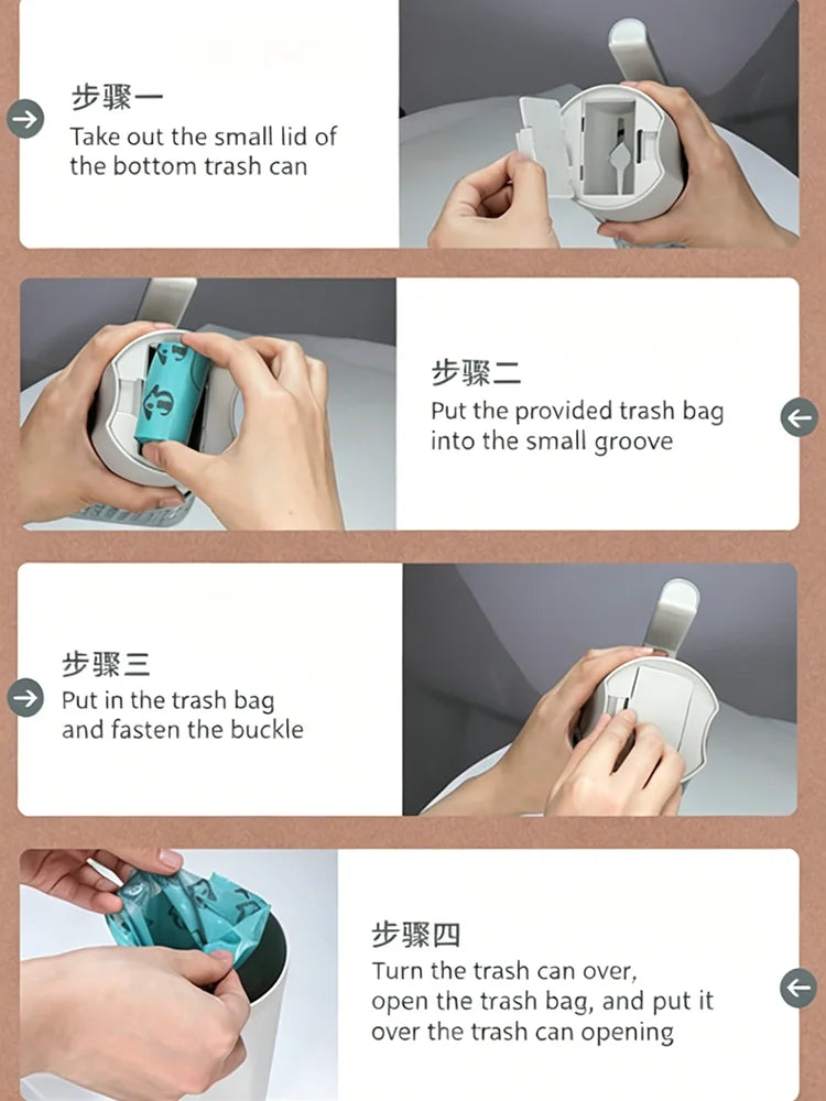 A four-step guide showing how to use an integrated cat litter scoop and poop pick-up tool for cleaning.