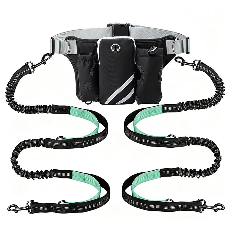 A black hands-free reflective dog leash with a storage bag and adjustable collar.