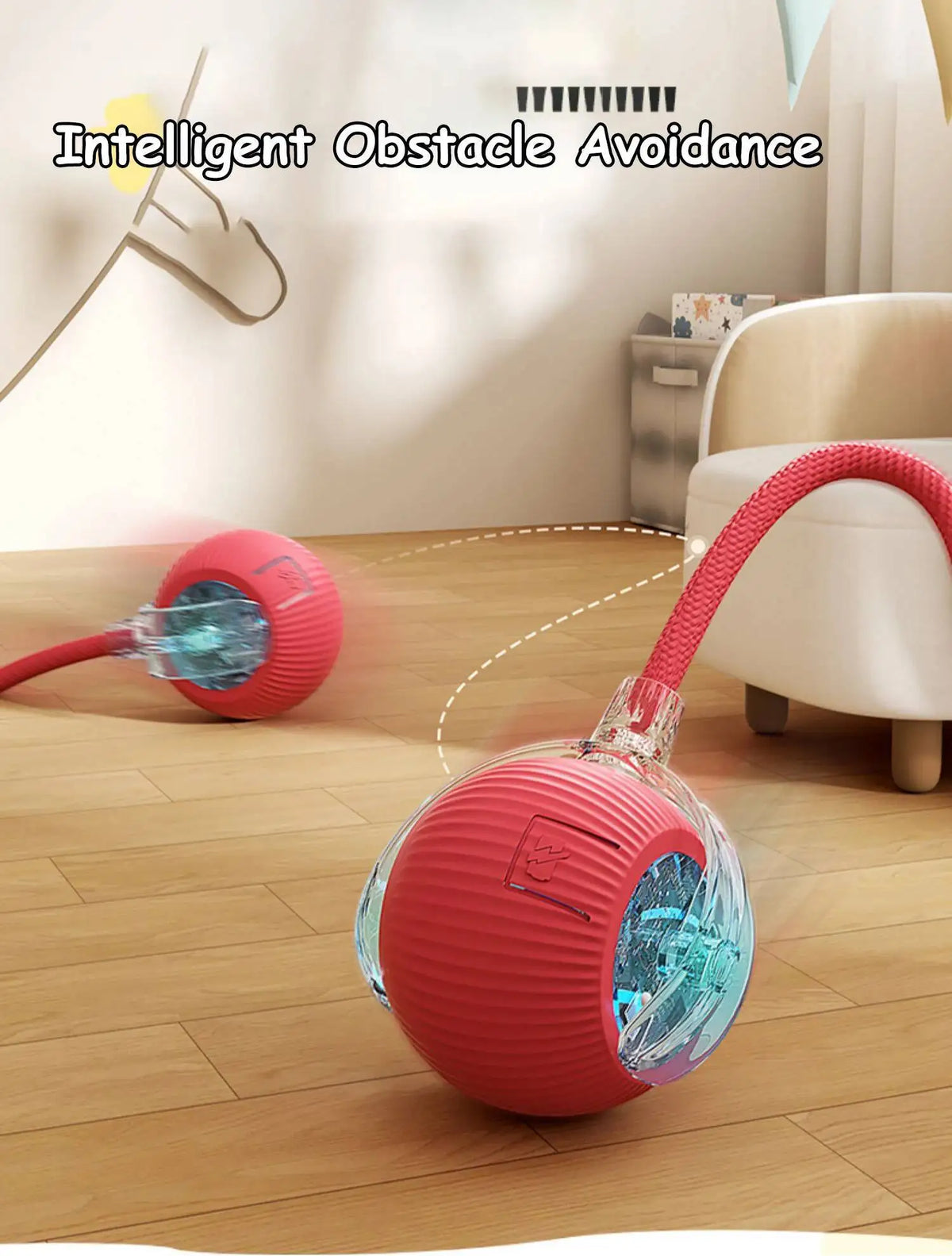 Ein rochiger, sphärischer Rollspielzeug mit einer flexiblen Schlauch auf einem Holzboden.