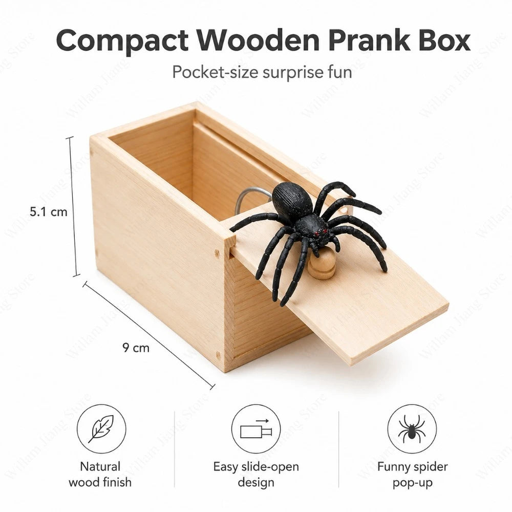 A compact wooden prank box with a lid revealing a black spider surprise.