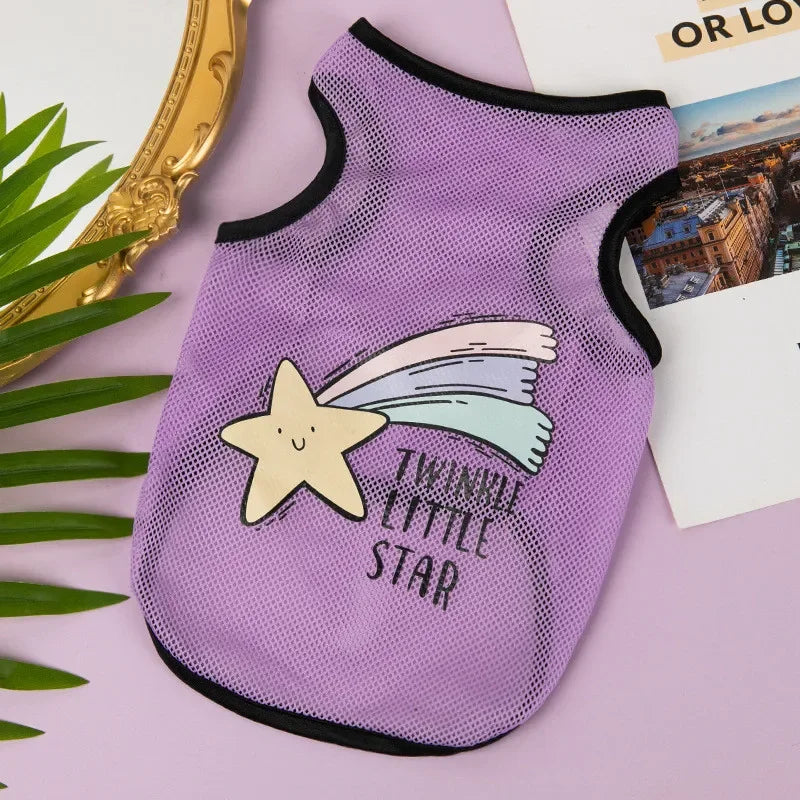 Purple breathable mesh pet vest with a white star and text print