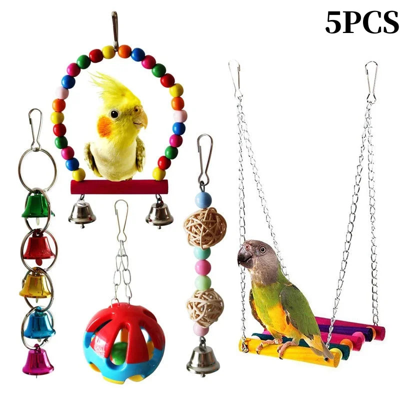 Five natural wooden swing and chewing toys for parrots including a yellow bird toy and various hanging items