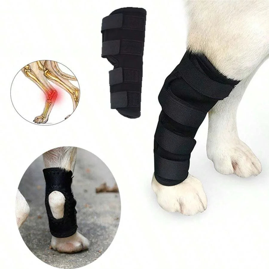 Férula de apoyo para la rodilla de mascota negra mostrada en una pierna, con diagramas que ilustran el soporte y la aplicació