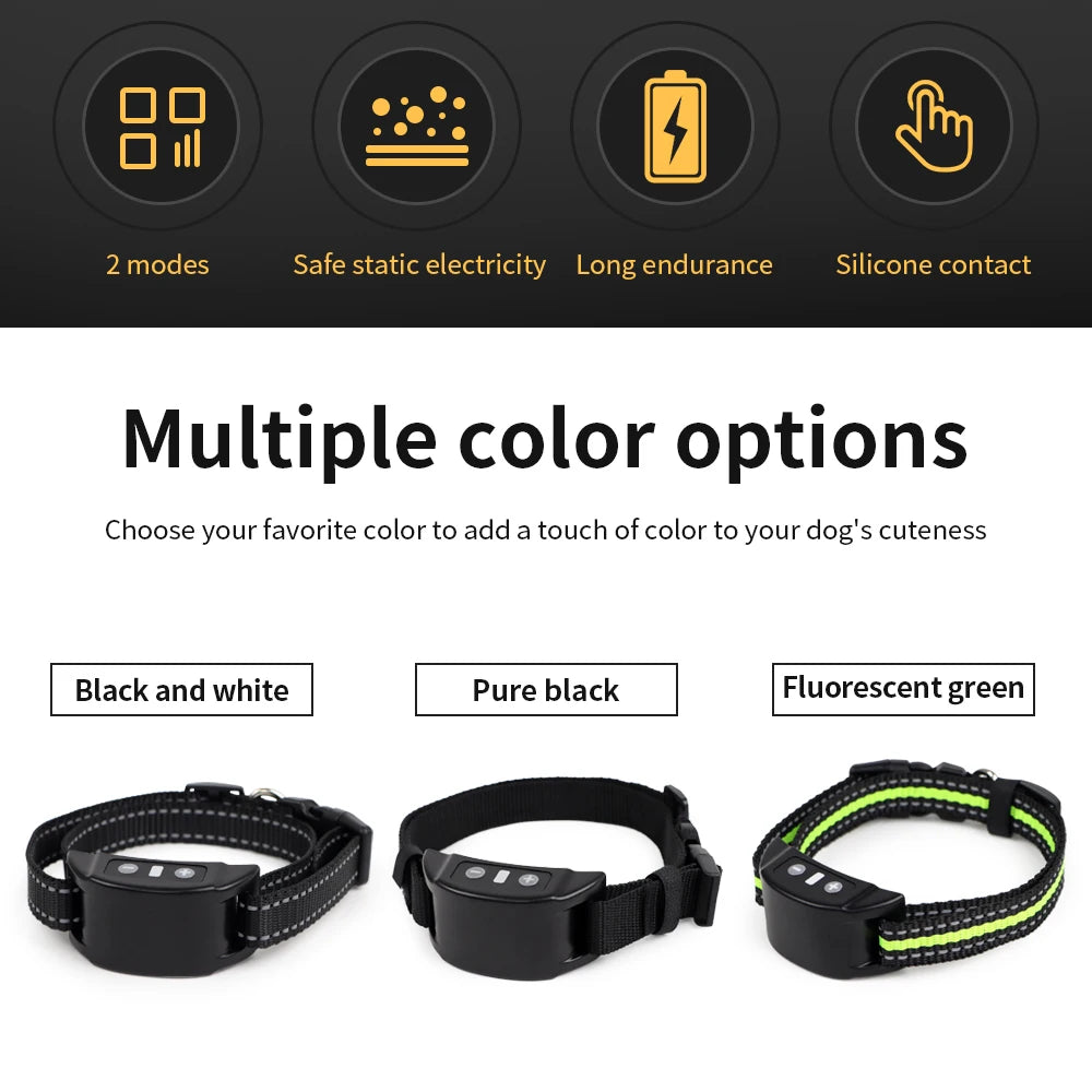 Three options of a black dog training collar are shown: black and white, pure black, and fluorescent green.